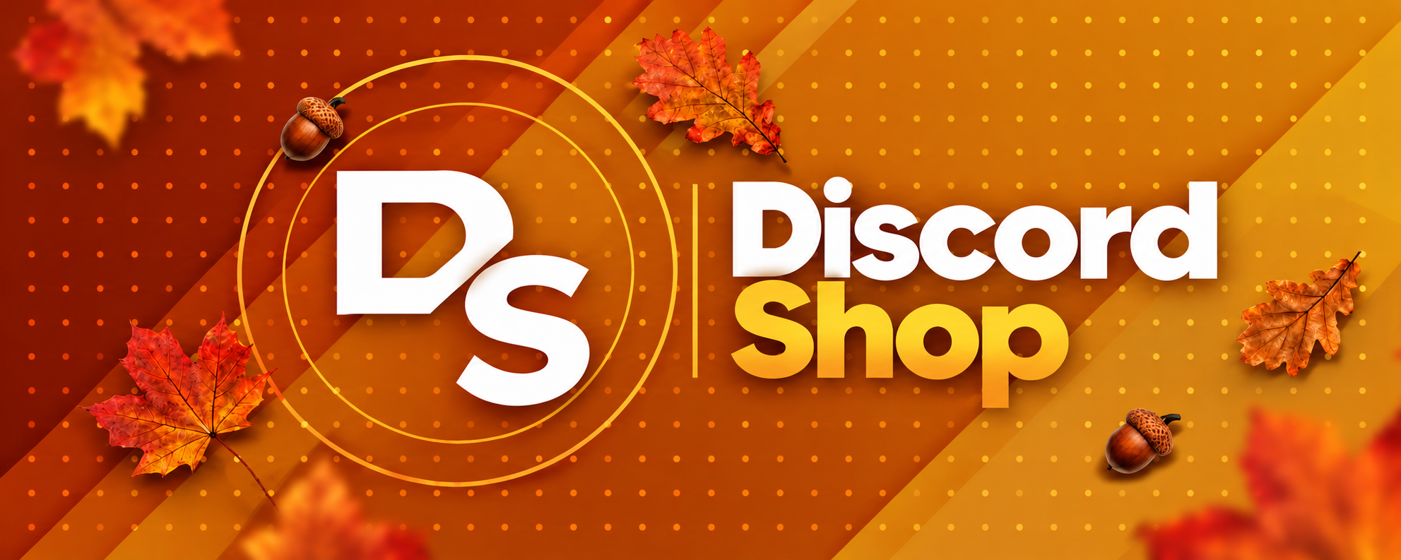 Discord Shop-banner met het DS-logo, herfstbladeren en eikels